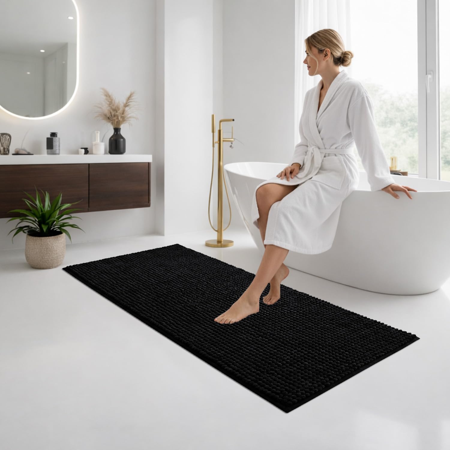 Moonlight Bedding Bath Mat Non Slip Anti Mould - Chenille Shower Mat Black 60x90 cm Super Absorbent Bathroom Mat Machine Washable Extra Soft Fluffy Bathmat