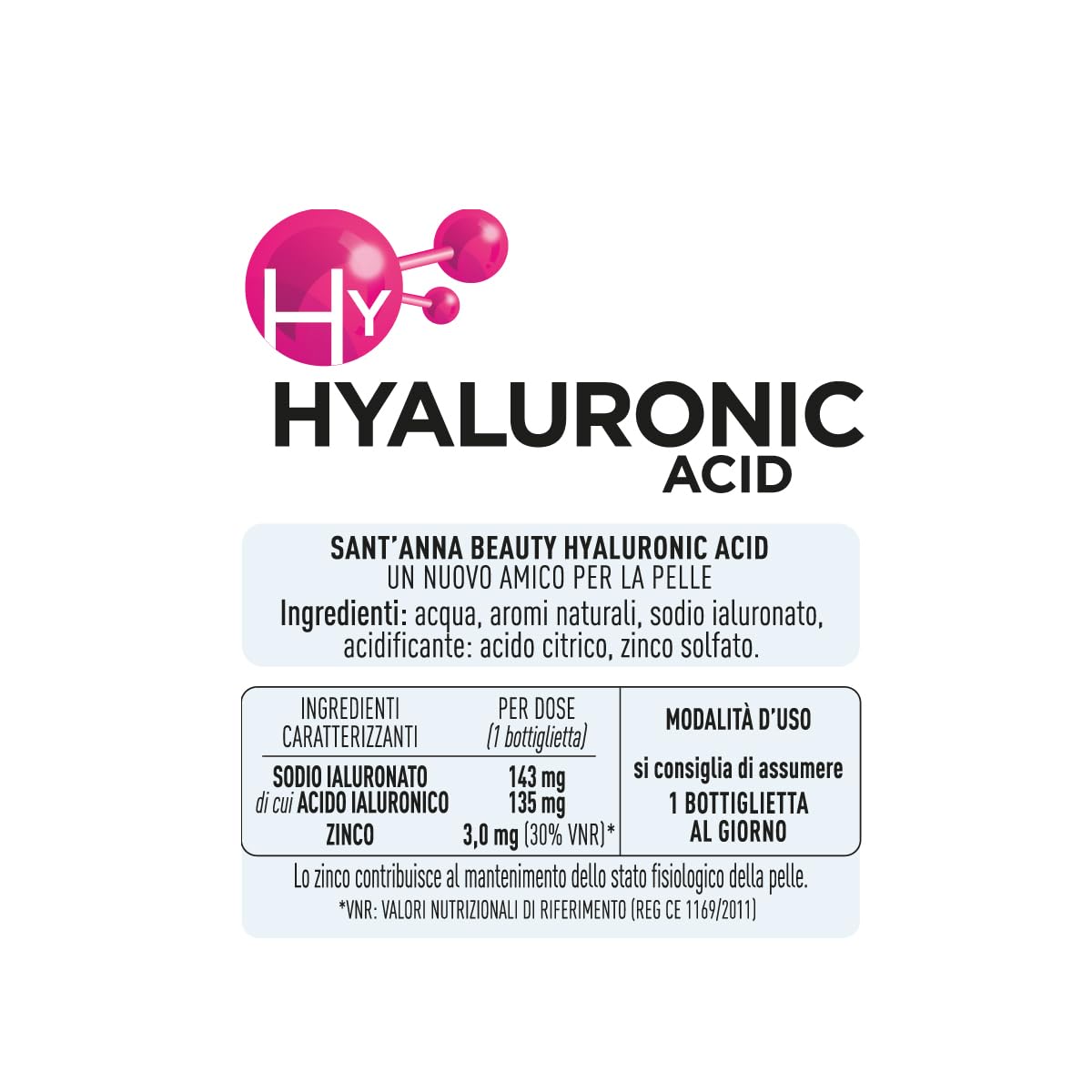 Sant'Anna Beauty Hyaluronic Acid | Integratore Alimentare con Acido Ialuronico e Zinco | Senza Zucchero, Glutine | Vegano | confezione 12 Bottigliette 150ml