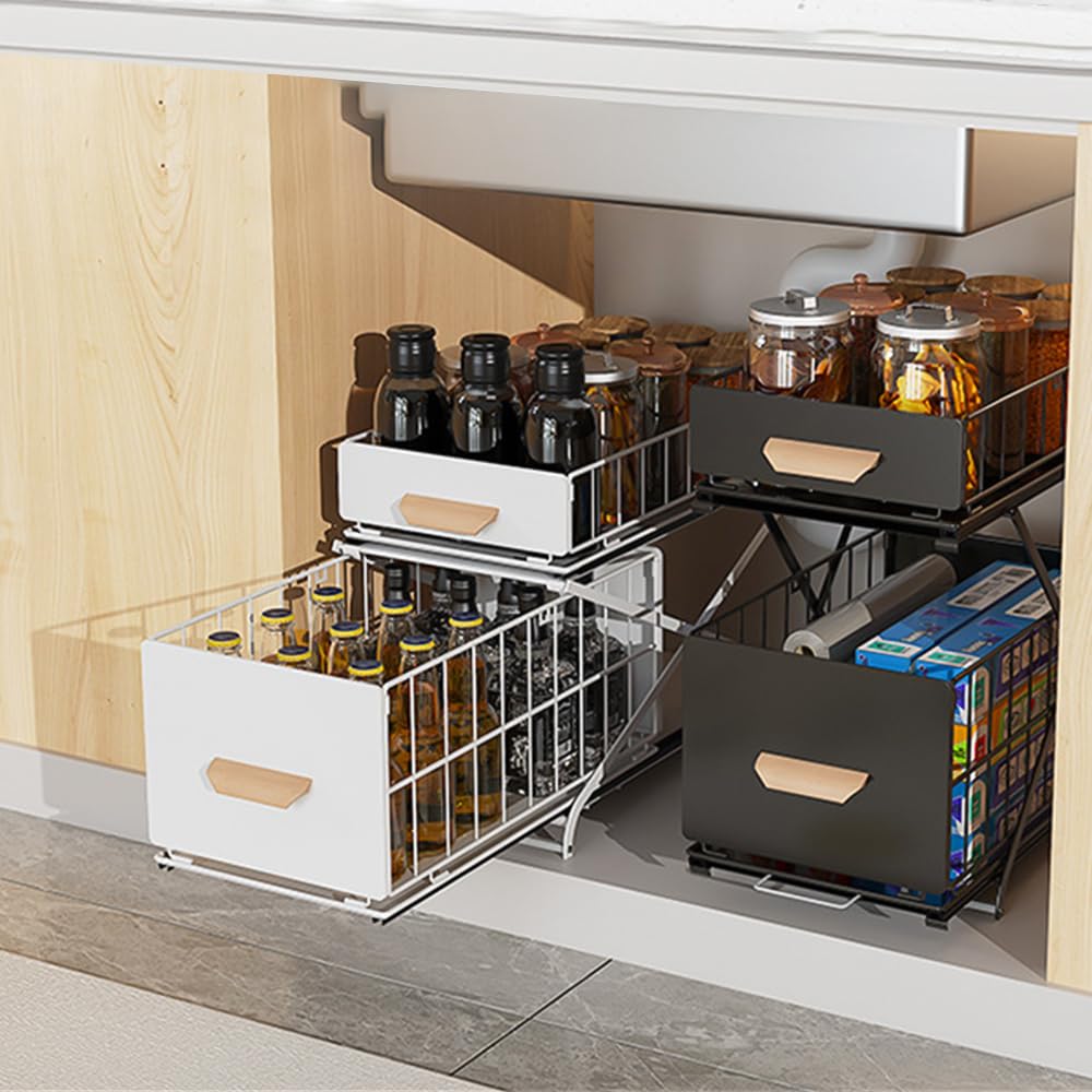 OHMG - Organizadores bajo fregadero de doble nivel, almacenamiento bajo fregadero, estructura de acero al carbono reforzado, almacenamiento y organización para cocina, cuarto de baño, lavadero