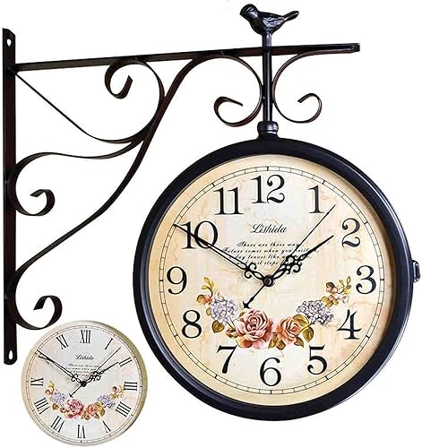 XIALIUXIA Reloj de pared redondo de hierro forjado con aspecto antiguo de doble cara de dos caras retro estación reloj redondo candelabro colgante
