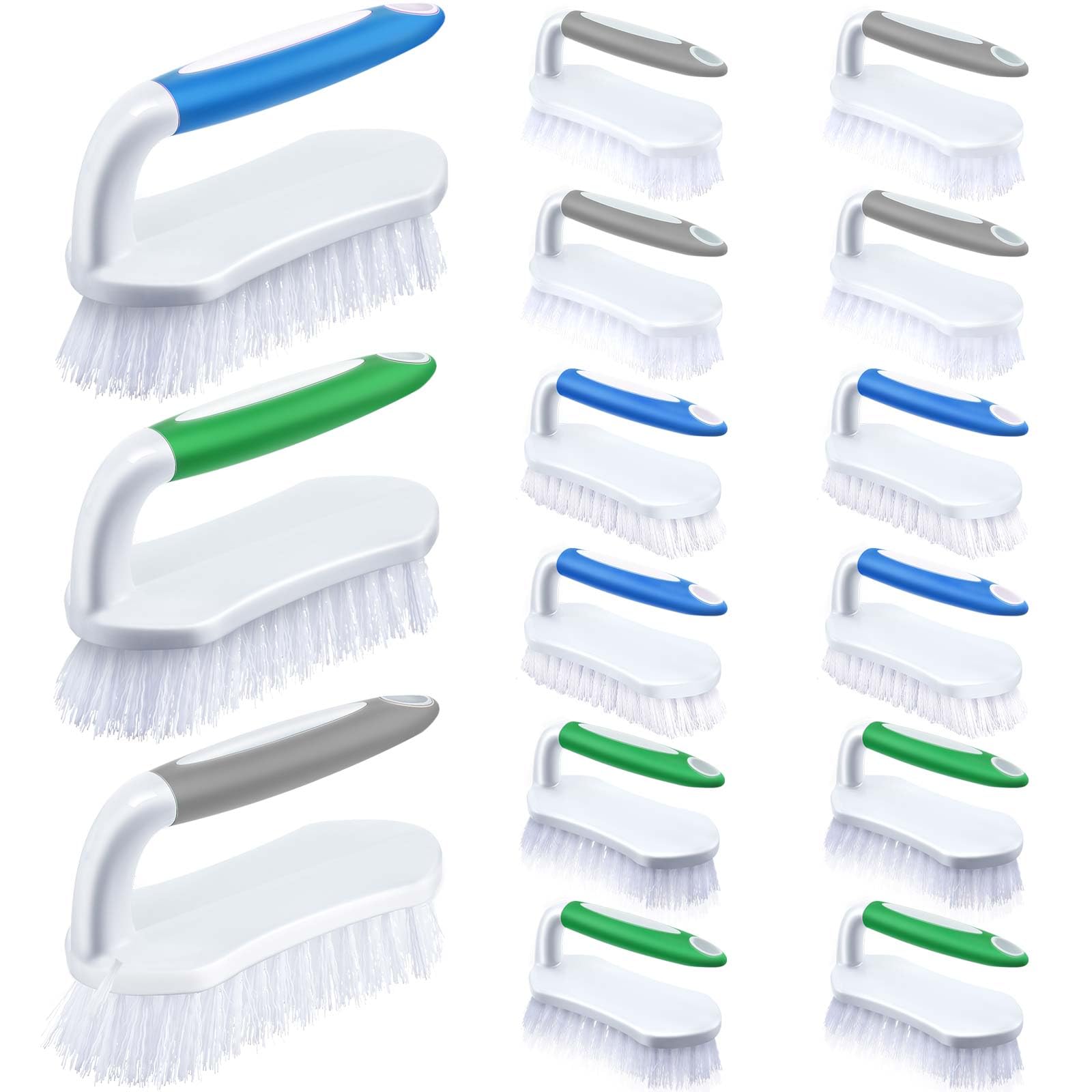 Lallisa 12 cepillos para limpiar cómodos de agarrar, cepillos resistentes a granel con mango, cerdas rígidas flexibles, cepillo para fregar para ducha, alfombras, cocina, azulejos (gris, verde, azul)