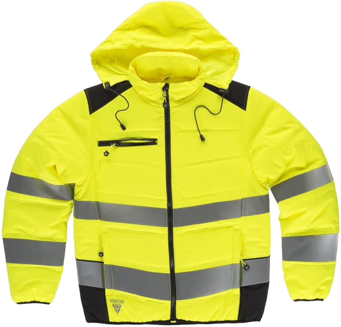 WORKTEAM Cazadora Acolchada Alta Visibilidad y Cintas Reflectantes Inclinadas con Capucha Interior. Unisex.