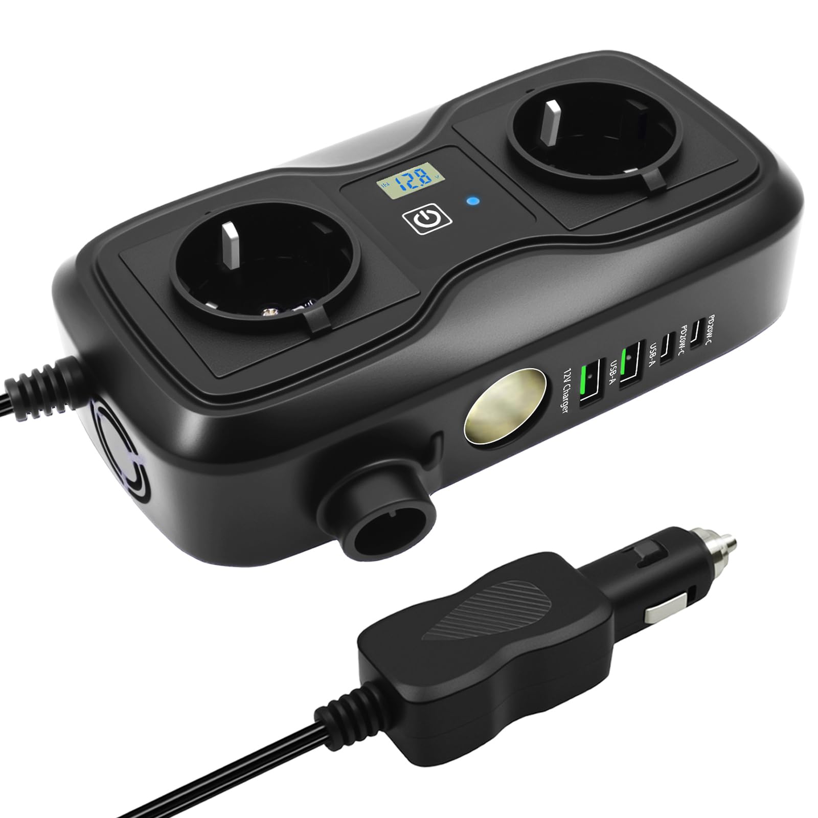 7 in 1 200W Wechselrichter 12V auf 220–230V, SZSSTH Spannungswandler Auto Steckdose 2 USB-A/2 Typ-C (5V 3A), Stromwandler mit Zigarettenanzünder Steckdose Power Inverter für Handys, Laptops, Campen