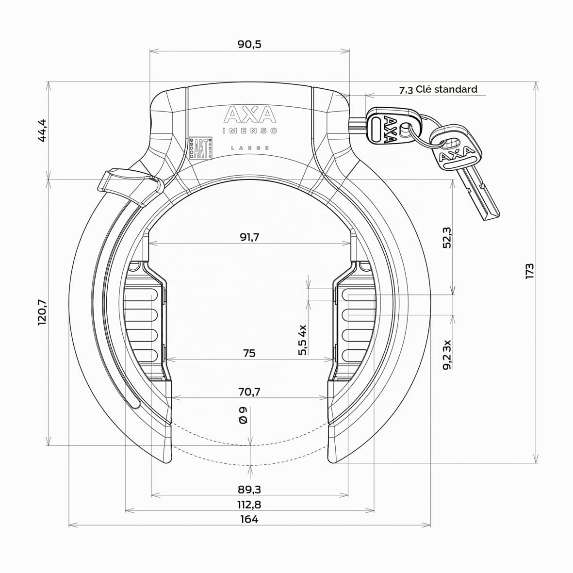 AXA Imenso - Grand cadenas de cadre de vélo - Clé non amovible - Largeur d'ouverture : 75 mm - Niveau de sécurité 12 - Combinable avec chaîne d'insertion - Noir
