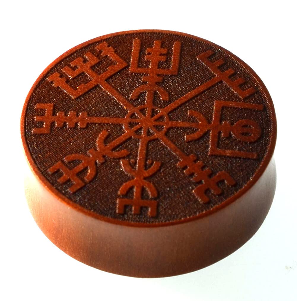 CHICNET Plug Flesh Tunnel Ohr Piercing rot braun Holz mit Gravur Inlay, double flared Wikinger Kompass Runen Viking Vegvisir Tribal Celtic Dehner 6mm-30mm