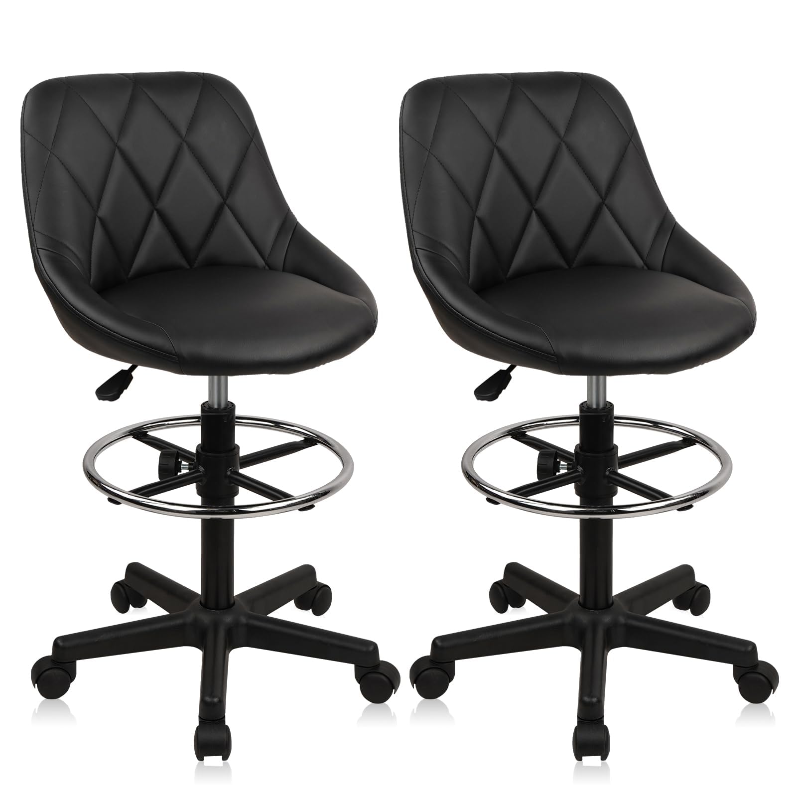 KLASIKA Drafting Chair with Back, Leather Rolling Swivel Stool with Adjustable Height and Footrest, Ergonomic Tall Standing Desk Office Chairs with Wheels for Home Work Shop Kitchen Bar, 2PK