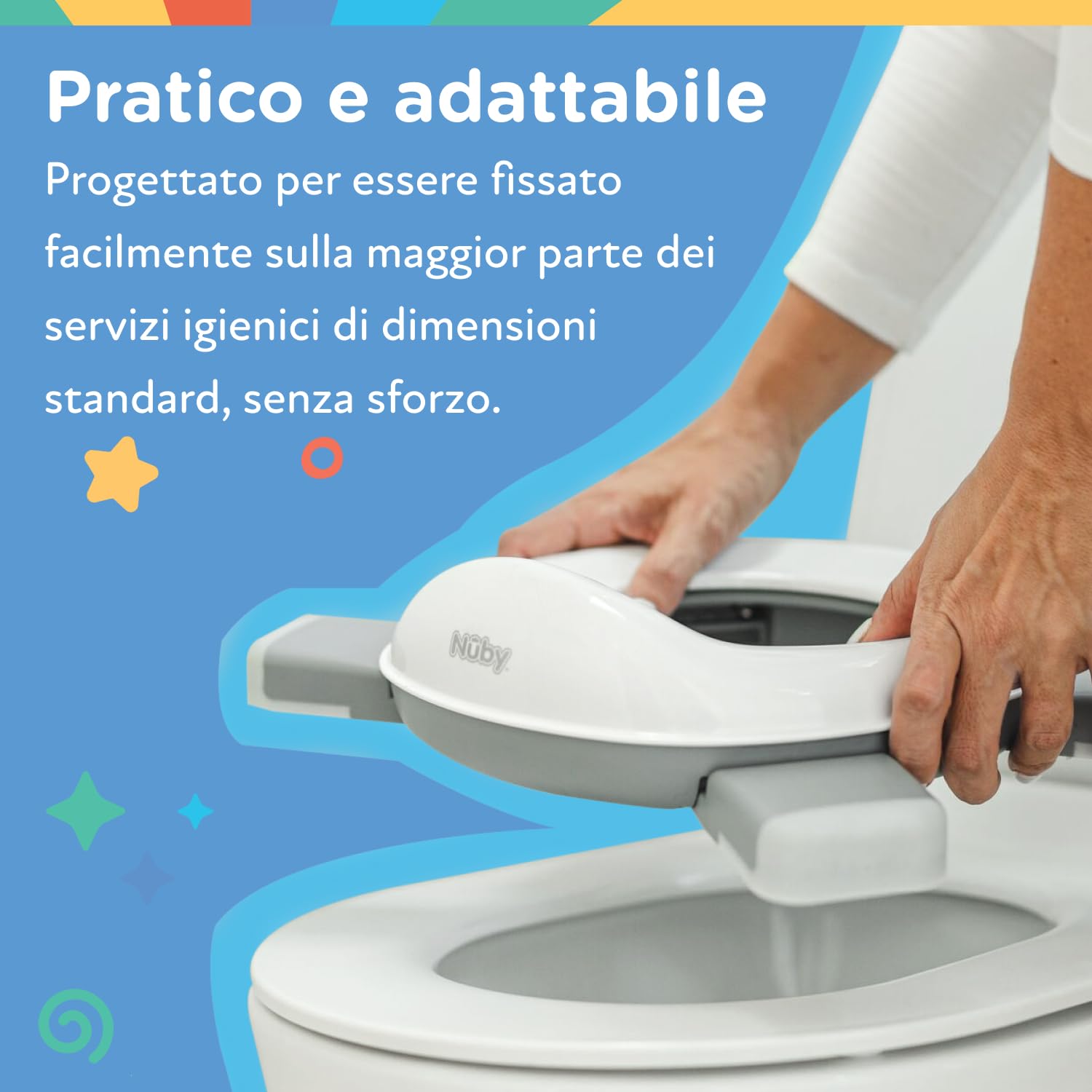 Nuby - Vasino portatile per bambini da viaggio - Wc portatile 2 in 1 Riduttore wc bambini o uso in autonomia - Con protezione paraschizzi e sacchetti usa e getta - Per imparare a usare il bagno