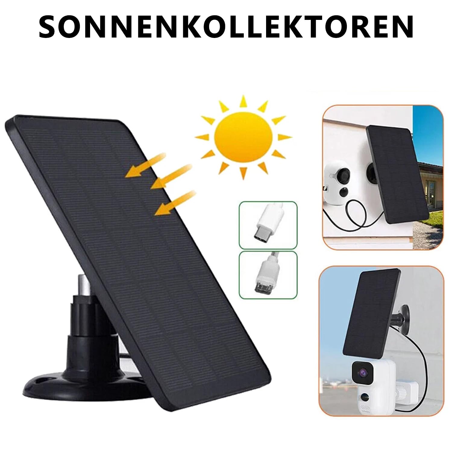 Panel słoneczny do kamery pierścieniowej, moduł solarny 4 W do kamery monitorującej na zewnątrz, ładowarka solarna typu C, z regulowanym uchwytem o 360° i kablem do ładowania, panel słoneczny do