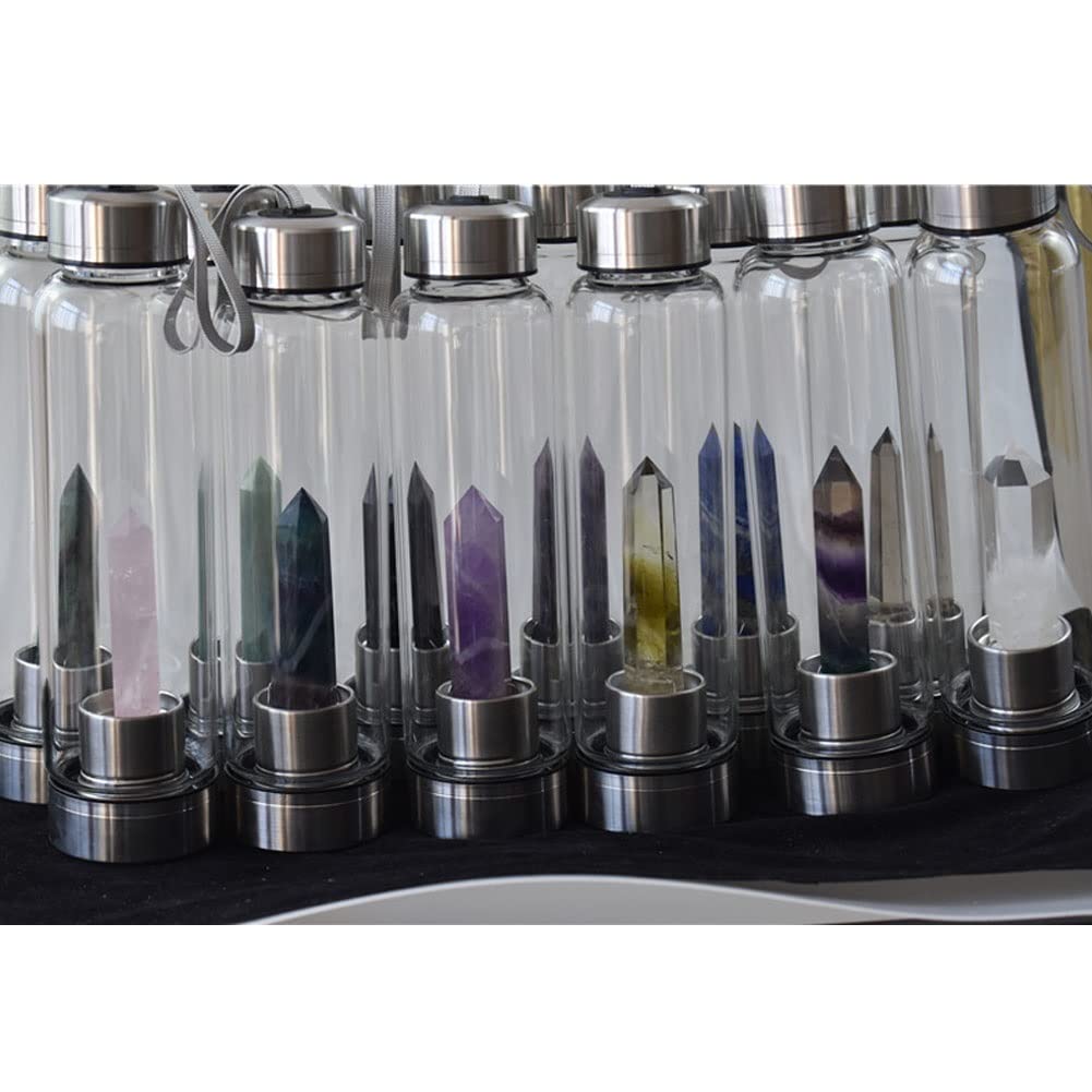 Botella De Agua De Cristal Natural Con Cristal De Cuarzo Natural Decorado Punto Reiki Curación Elixir Obelisco Varita Palo Botella De Agua Con Infusión De Gemas De Energía Cristalina ( Color : Dream p