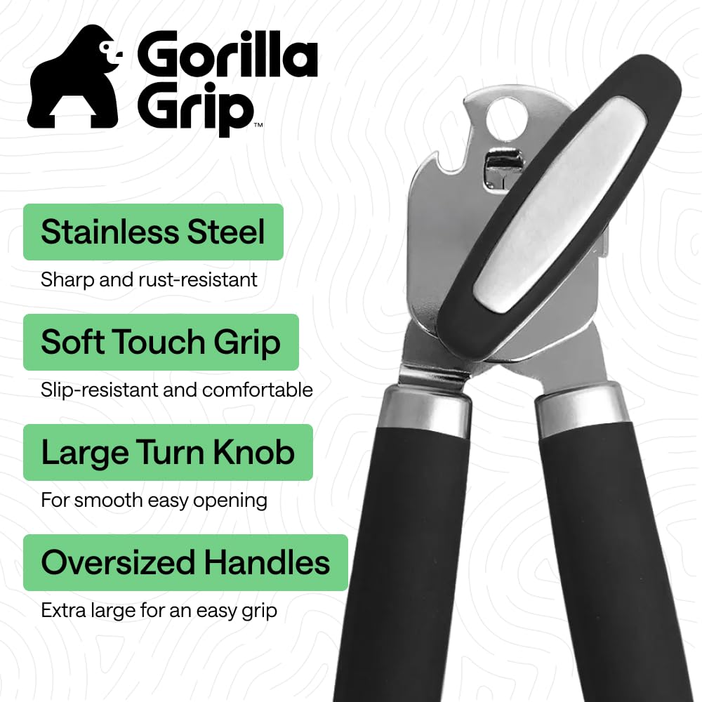 The GORILLA GRIP Heavy Duty Manual Can Opener features a robust stainless steel design with comfortable, oversized handles.
