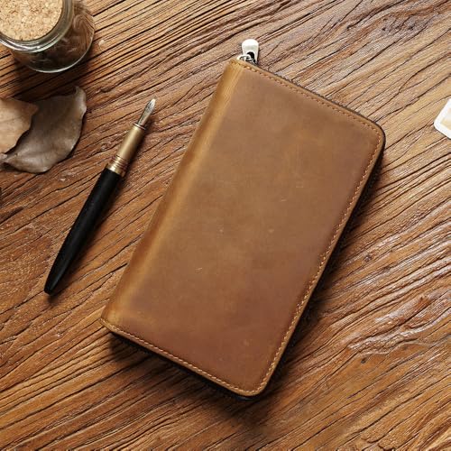 Image of Genuine Leather 5-Slot Pencil Case, Portable Travel Pen Organizer | Versatile organizer for art supplies, office essentials, makeup brushes, suitable for men, women, students, artists.brown