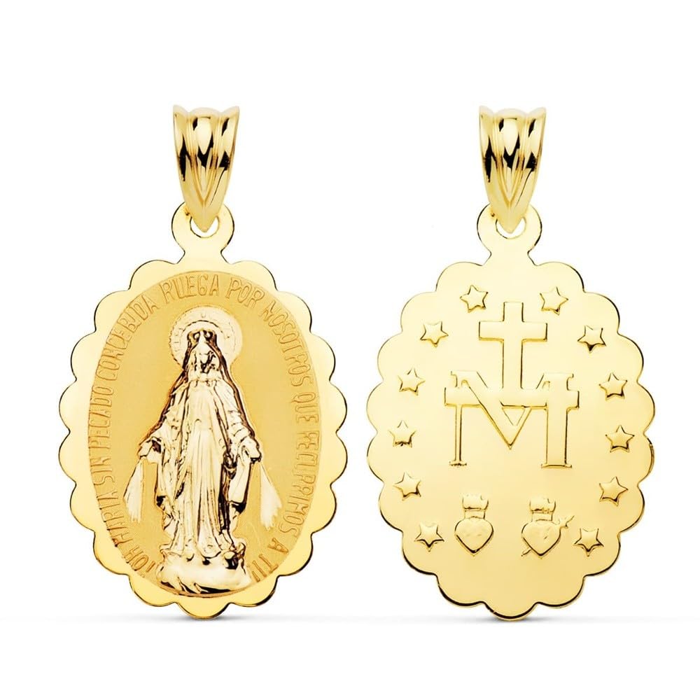 Virgen Milagrosa Medalla Oro 18k unisex 18mm. borde ondulado brillo