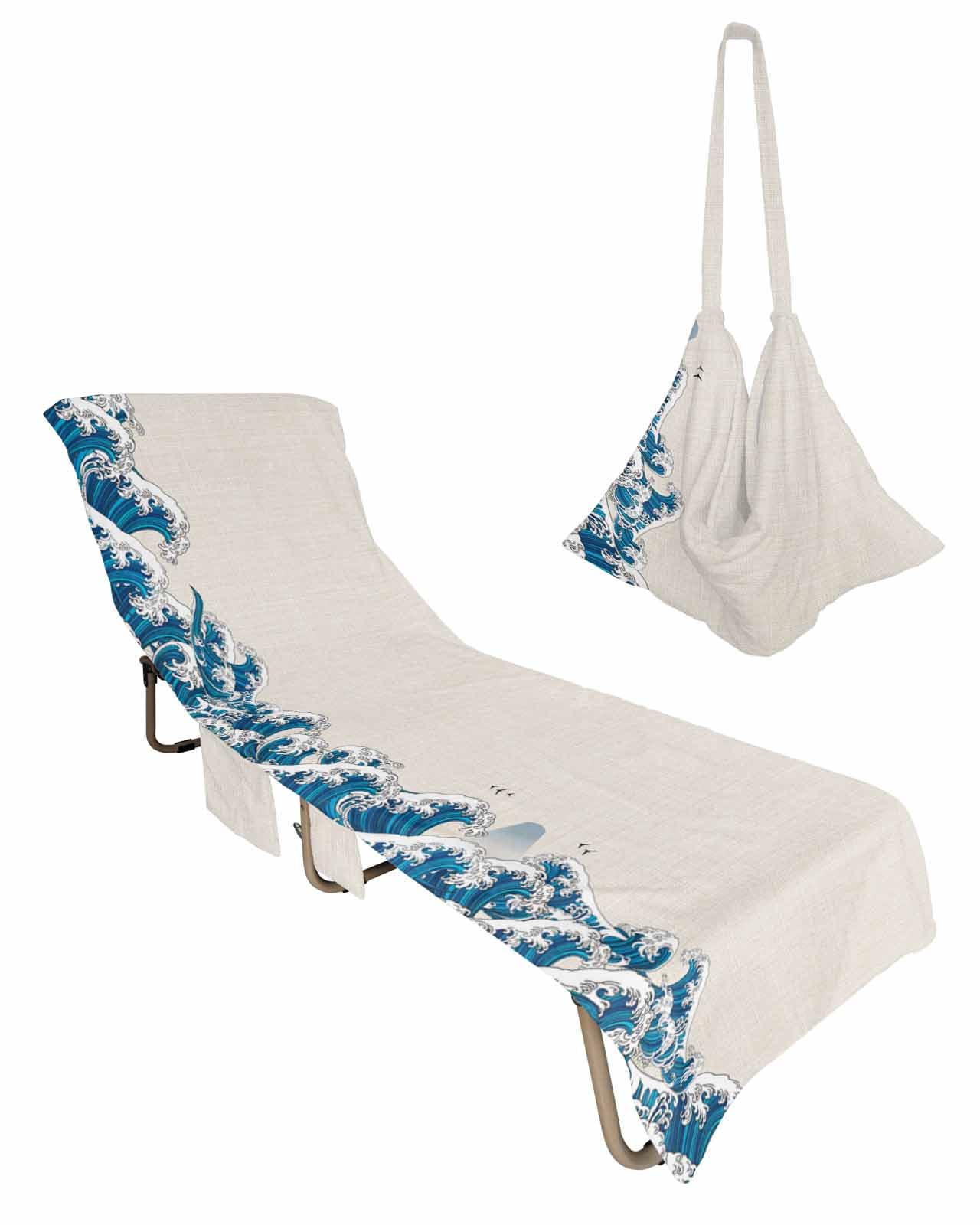 Coastal Waves Beach Chair Towel Covers for Chaise Lounge with Side Pocket, Soft Plush Pool Towels Cover for Patio Sunbathing Outdoor 29''x85'' Blue Ombre Ocean Modern Abstract Summer