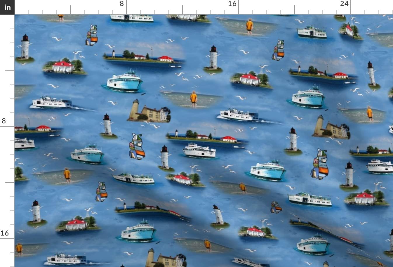 Spoonflower Fabric - Island Paradise Lighthouse Ocean Lake Nautical Blue Red White Fish Sea Printed on Minky Fabric by The Yard - Sewing Baby Blankets Quilt Backing Plush