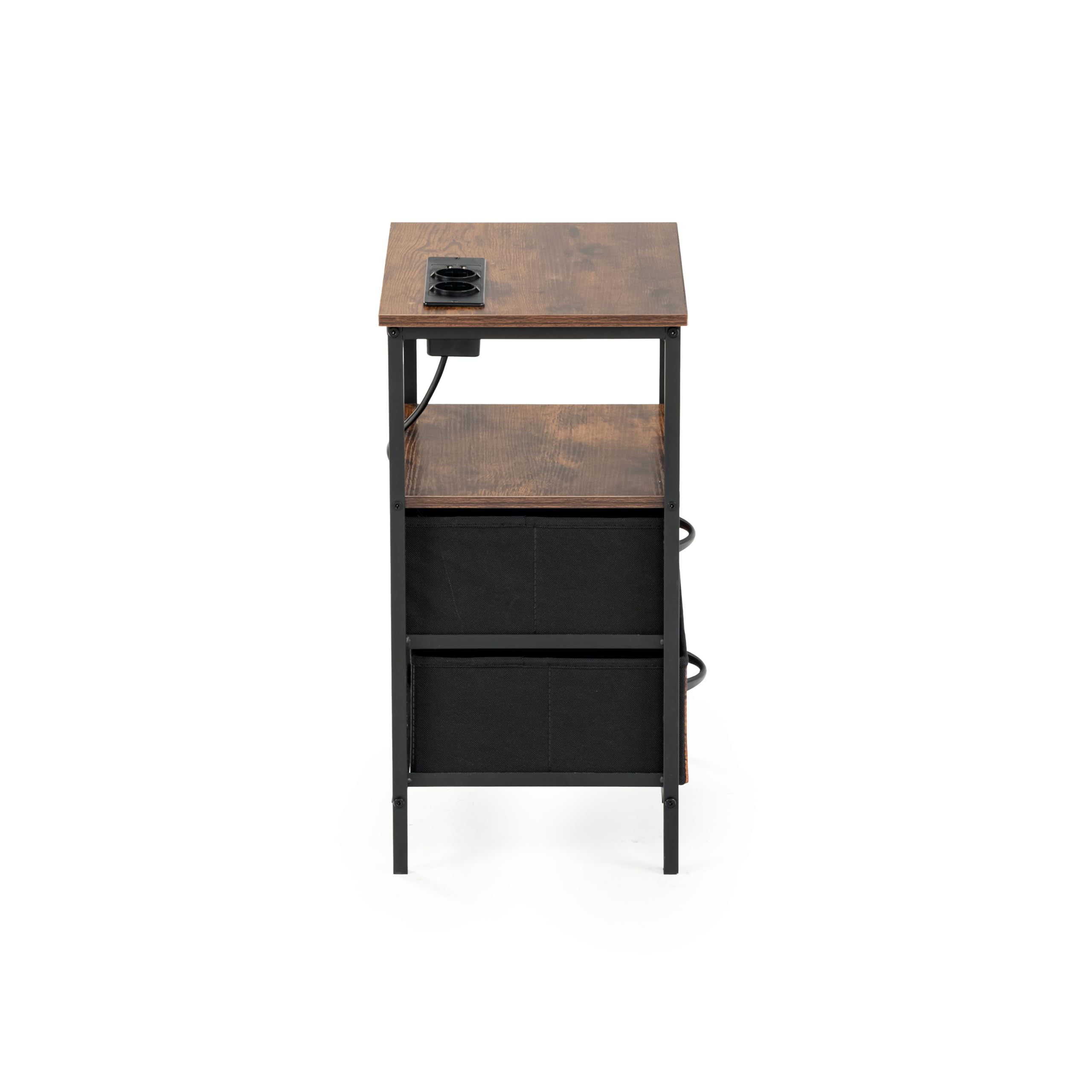 FurnitureR 2PCS Guéridons de Salon, Table D'appoint avec Multi-Coloured LED, 2 AC Sockets, 2 USB Ports of Drawers, 2 Tiroirs en Tissu, Style Industriel Rétro Marron, 40 x 30 x 60cm