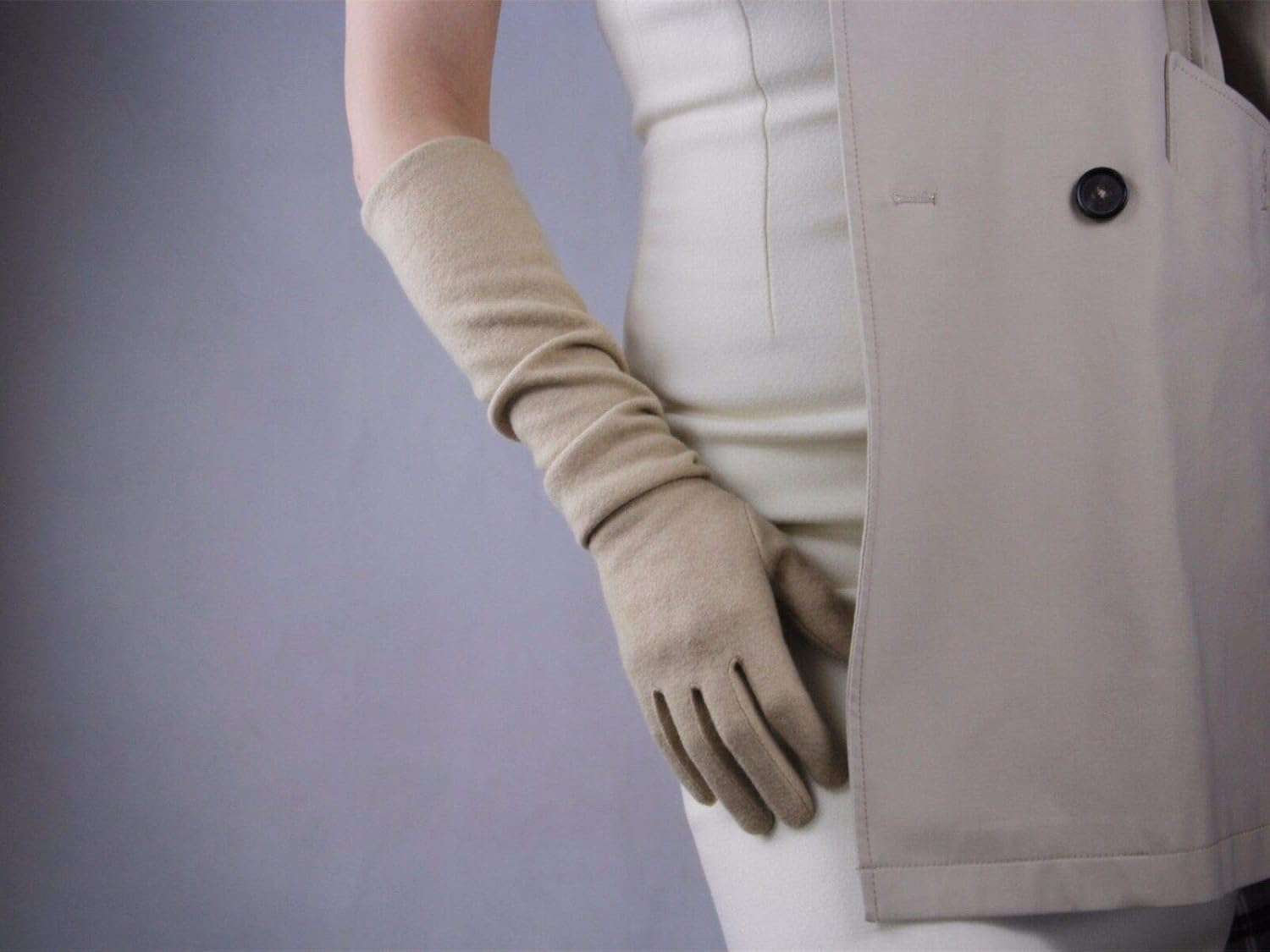 Women Cashmere Wool Gloves Stretchy 20-inch Winter Warm Opera Driving Long Finger Gloves (beige) - Image 2