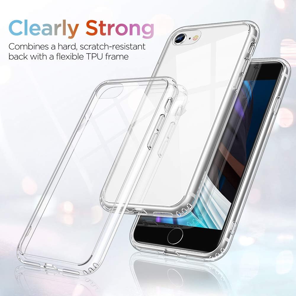 ESR Glass Case Compatible with iPhone SE 2022, iPhone SE 2020, iPhone 8, and iPhone 7, Yellowing Resistant, Scratch-Resistant Tempered Glass, Shock-Absorbing Flexible Frame, Echo Series, Clear