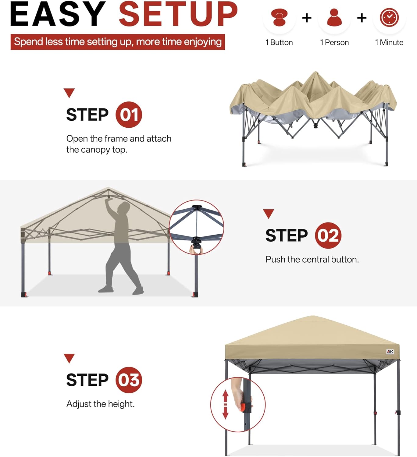 ABCCANOPY 10x10 Pop Up Canopy Tent, Easy Setup Instant Shelter with Wheeled Bag, Heavy Duty Outdoor Canopy for Beach, Market, Backyard, UV Protection, Outdoor Weather Protection (Beige, 10x10)