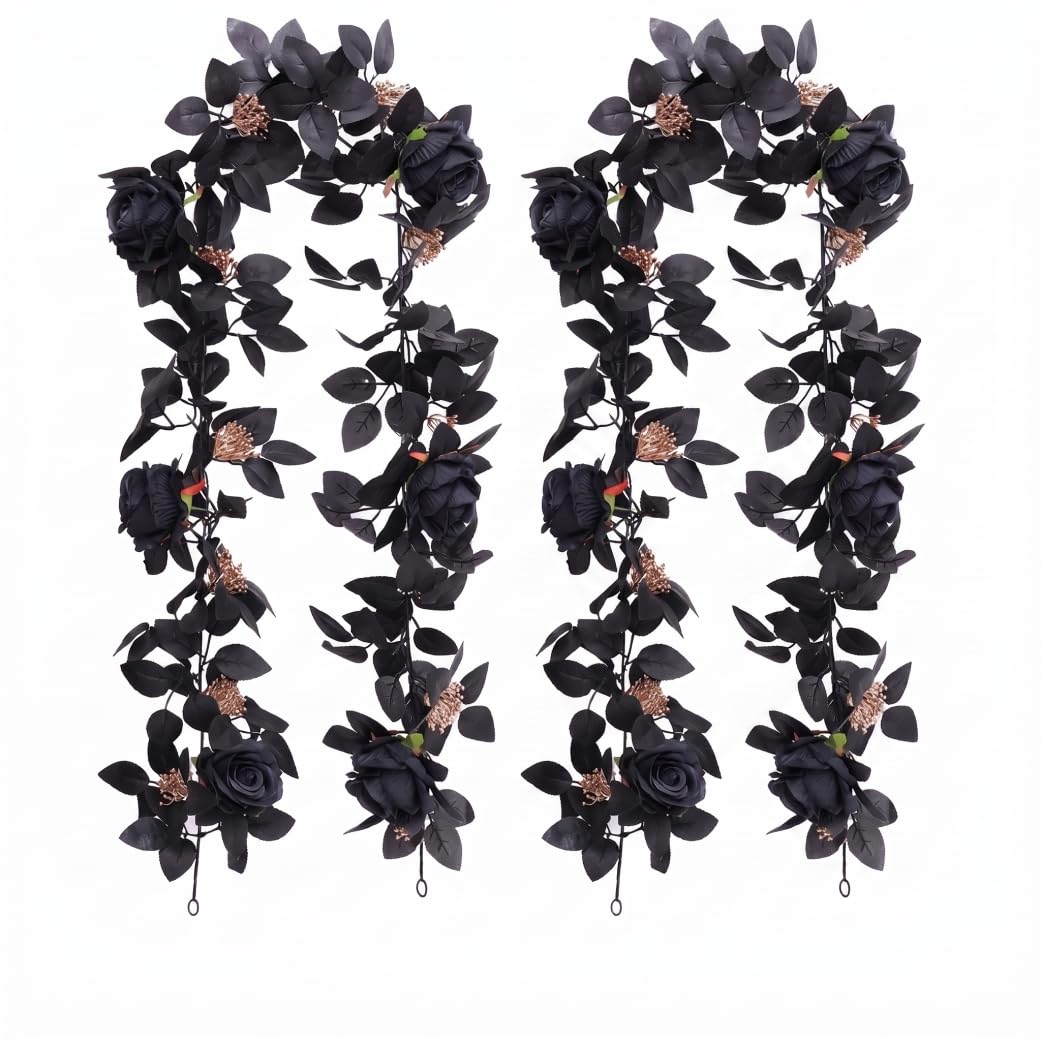 Imooreshine 2pcs Halloween Garland - Black Rose Garland Flexible Artificial Flower Vines For Gothic Wedding & Home Decor Style 2