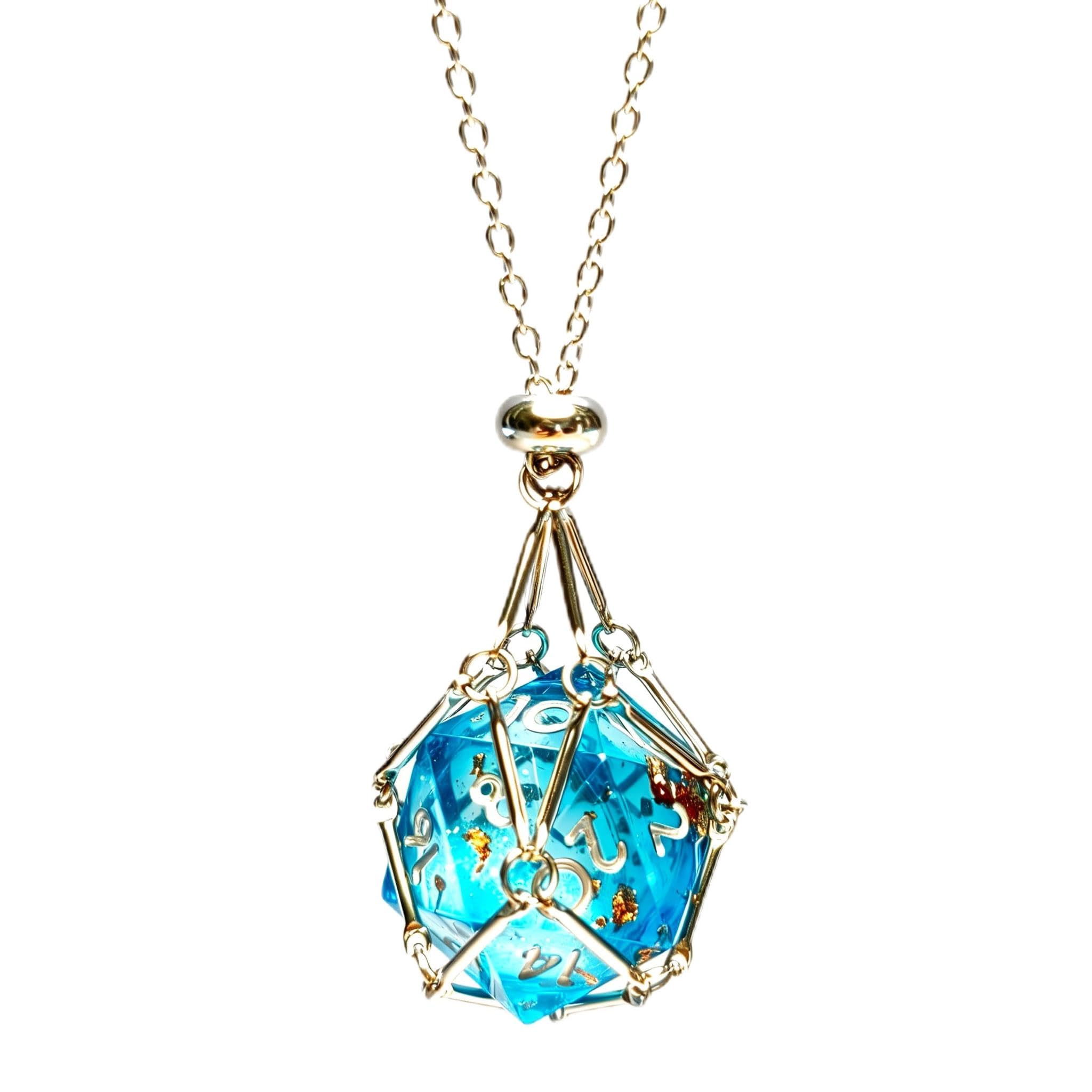 DND D20 Liquid Core Dice Necklace - Interchangeable Stainless Steel Cage for d&d Dice，Dice Pendant DND Gift for Dungeon Master, D&D Player and RPG Gamer (Blue)