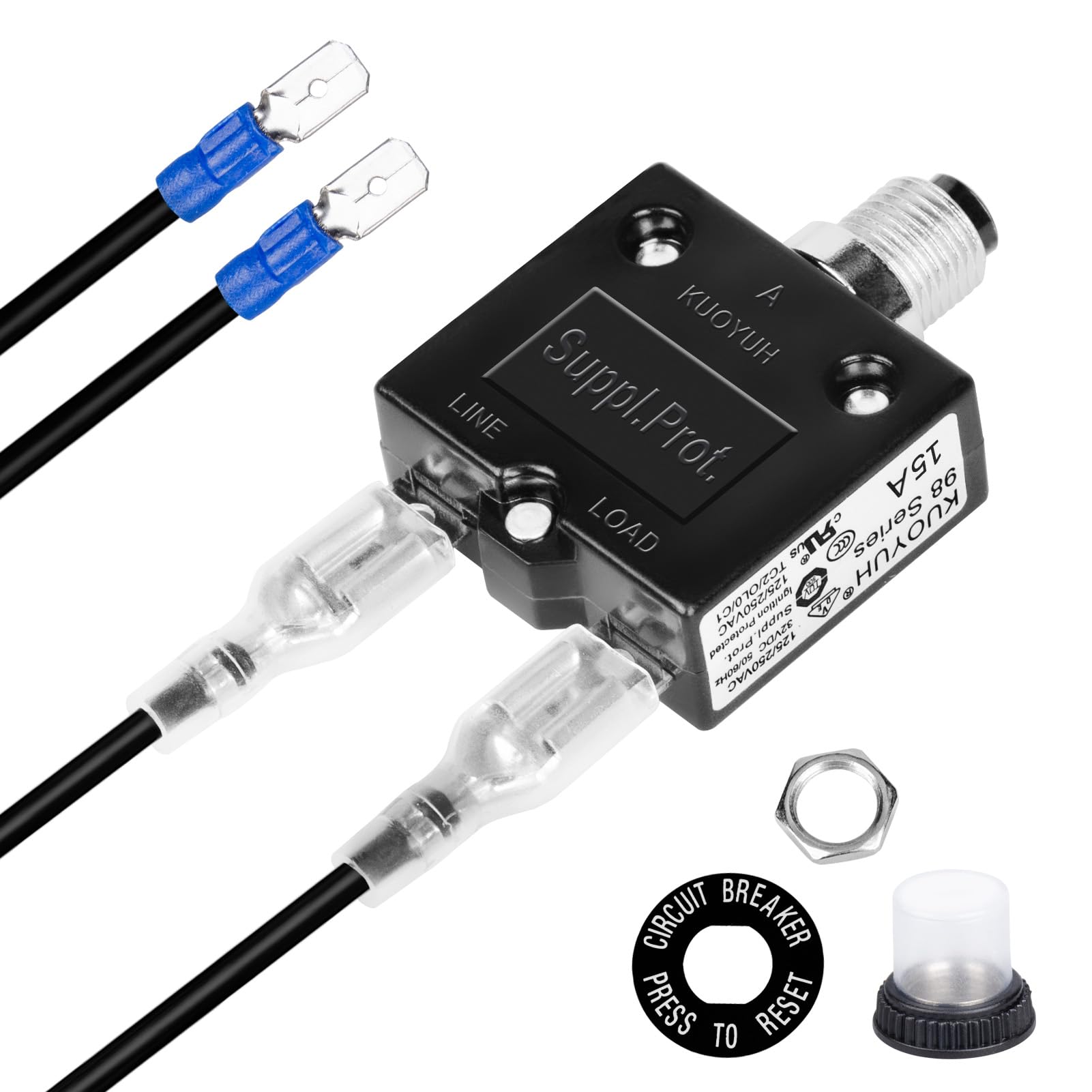 Push Button Circuit Breaker 15 Amp, Fuse Tester, Auto Trip, Manual Reset 32V, Low Voltage Protection with Waterproof Cap