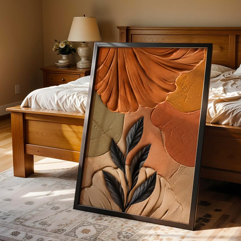 Image of NoWorries 3D Abstract Leaf Wall Painting with Frame Set of 1 | Premium Textured Black Leaf Artwork, Earthy Terracotta Botanical Wall Decor for Living Room, Bedroom, Office and Home Decoration (3d Art-15,10x13inch)