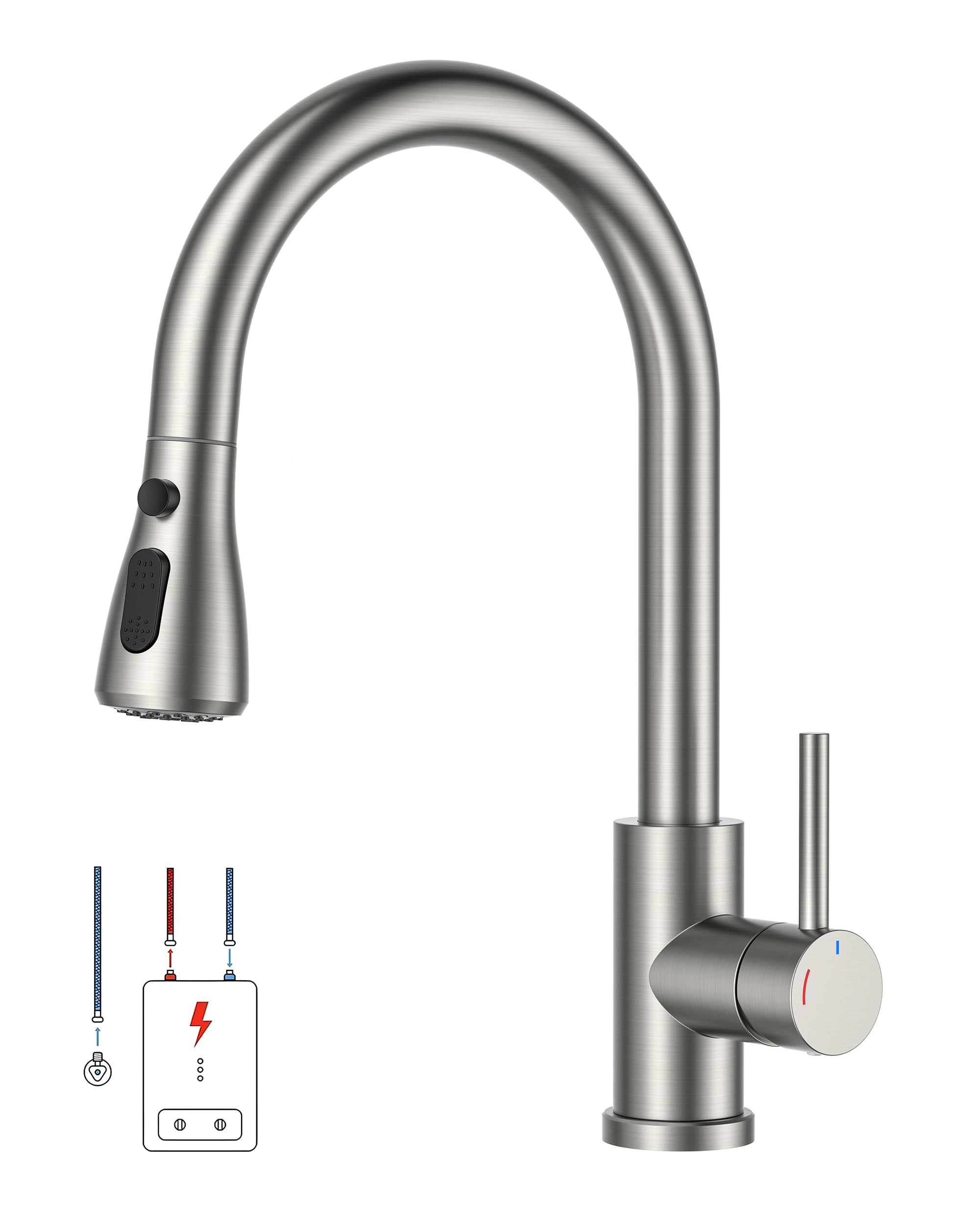 FORIOUS Wasserhahn Küche, Küchenarmatur mit Herausziehbarer Brause Ausziehbar Armatur, Mischbatterie Spültischarmatur, 360° Schwenkbar, Mehrere Strahlarten, Edelstahl, Niederdruck