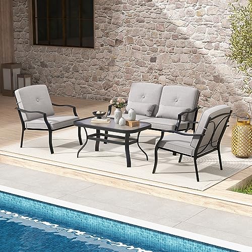 Tangkula 4 Piece Patio Furniture Set, Outdoor Conversation Set with Seat Back Cushions & Waist Pillows, Tempered Glass Coffee Table, Heavy-Duty Metal Sofa Set for Yard Garden Balcony Poolside