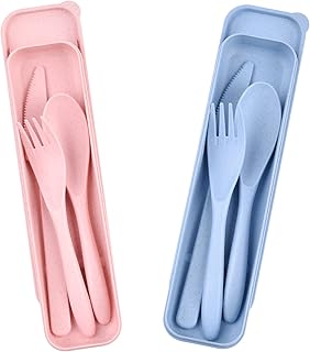Travel Cutlery Set with Case, 2Pcs Plastic Cutlery Set Reusable, Portable Cutlery Set, Camping Cutlery Knife and Fork Sets, for Outdoor Travel Picnic Office School (Pink+ Blue)