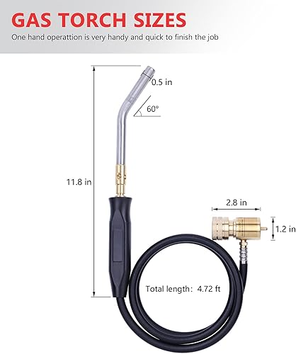 Miniatura 5 de Antorcha de propano de mano con manguera, antorcha de gas Mapp, soplete de soldadura, longitud de manguera 1.5M60" Temperatura máxima de operación