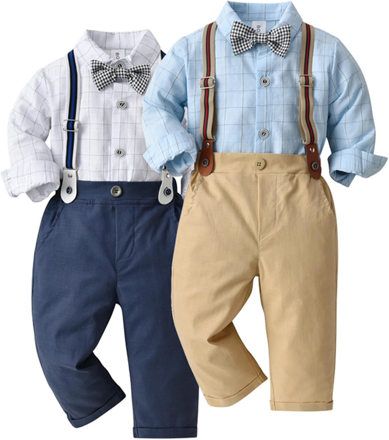 Baby Boys Gentleman Outfits Suits, Shirt & Bowtie & Suspender Pants Infant Formal Wedding Party Clothing Set