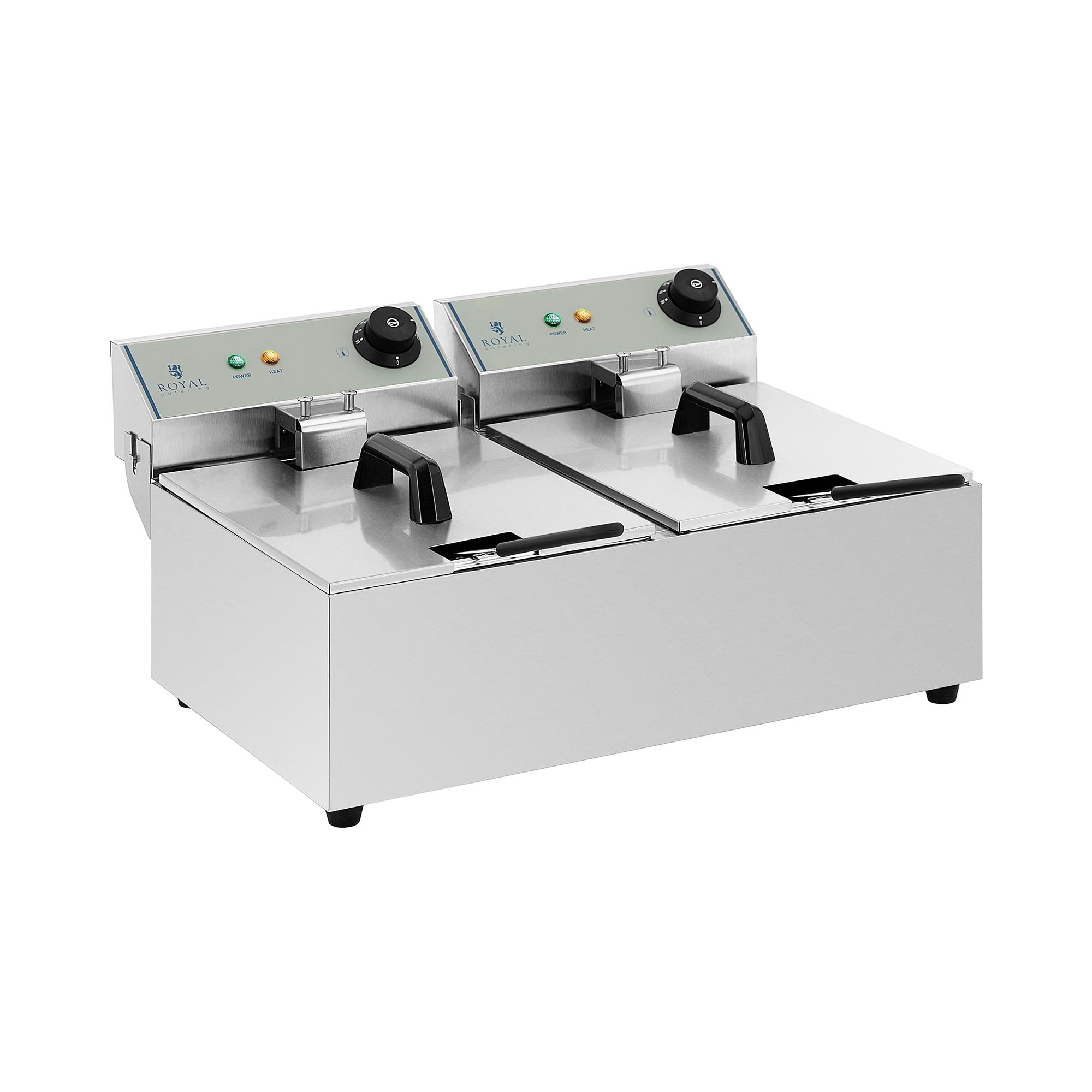 Royal Catering Freidora Industrial Profesional Rcef-10Dy-Eco (Doble con Doc Cestas 2 X 10 Litros, 2 X 3.200 W, 230 V, Termostato, Acero Inoxidable)