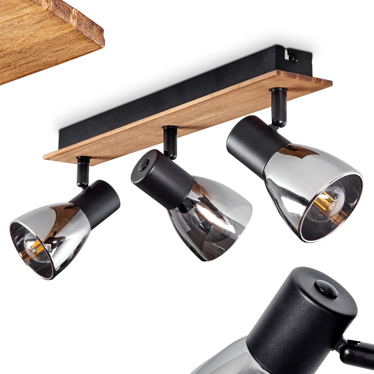 Hofstein Black Ceiling Lamp Murianette, Modern Ceiling Lamp Made Of Metal/Wood/Smoked Glass In /Nature, Lamp With Adjustable Lampshades Made Of Glass, 3-Flame, 3 X E14, Without Bulbs