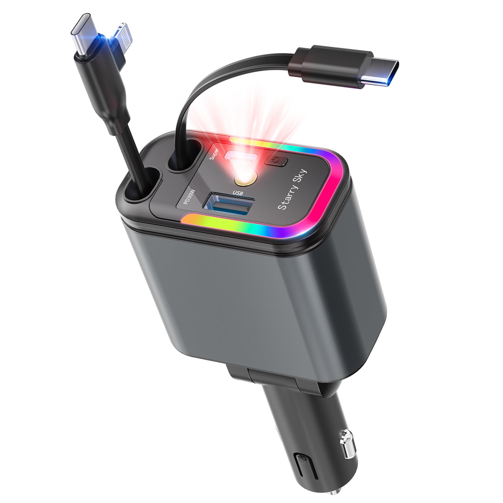 Accendisigari USB, caricabatteria da auto con proiettore cielo stellato, 120 W, caricatore da auto USB C, 30 W, cavo USB retrattile integrato di tipo C e cavo USB (65 cm), adattatore USB da 12 V per