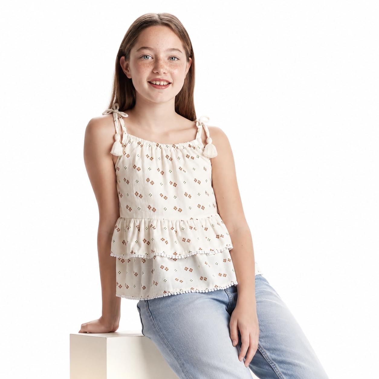 Generico Blusa para niña de 10 a 16 años – Top de verano con estampado floral, tirantes anudados y volantes, elegante e informal, 6188