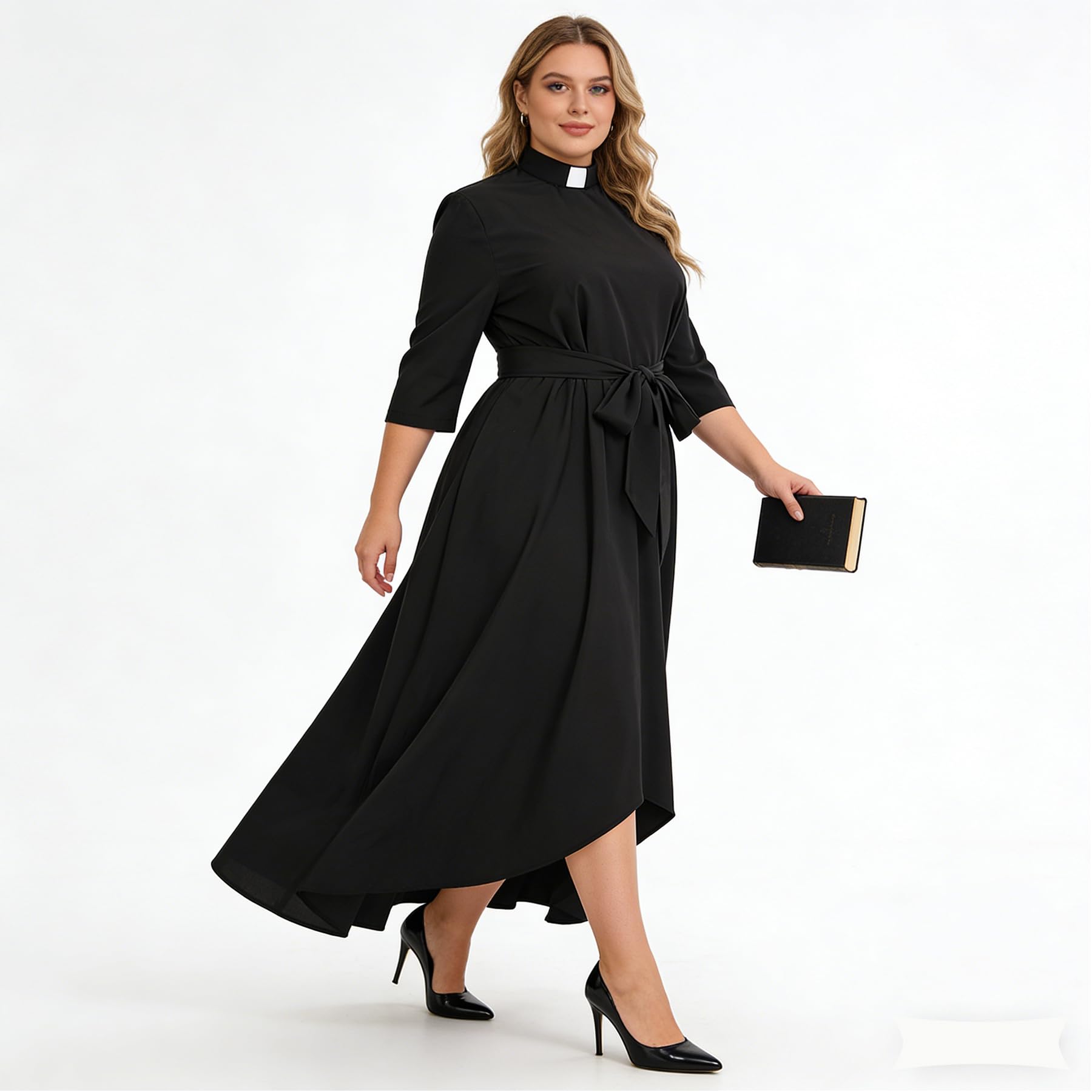 Sukienka kościelna dla kobiet z półrękawem luźna elegancka sukienka maxi dla duchownych z kołnierzem i paskami