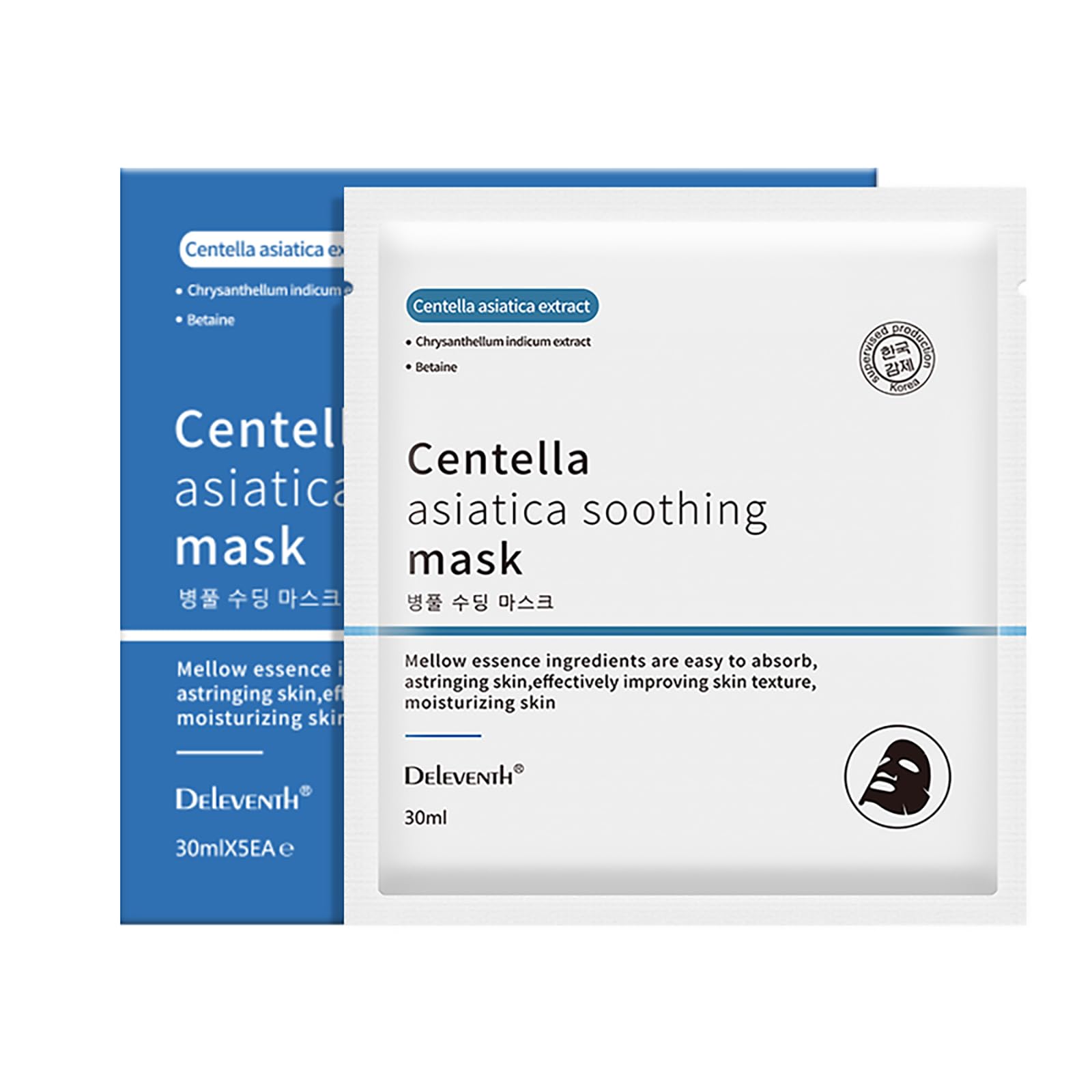 DEleventh Korean Brand Centella Asiatica Soothing Facial Mask 30ml × 5pcs / Moisturizes Skin with Natural Extracts for Radiant, Smooth Complexion