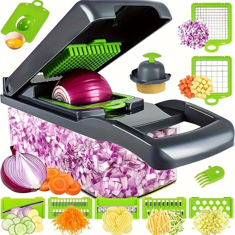 13-in-1 Vegetable Chopper with 8 Blades - Multi-Functional Kitchen Slicer, Dicer, and Grater - Includes Storage Container and Cleaning Fork, Medium, Green, FP23839