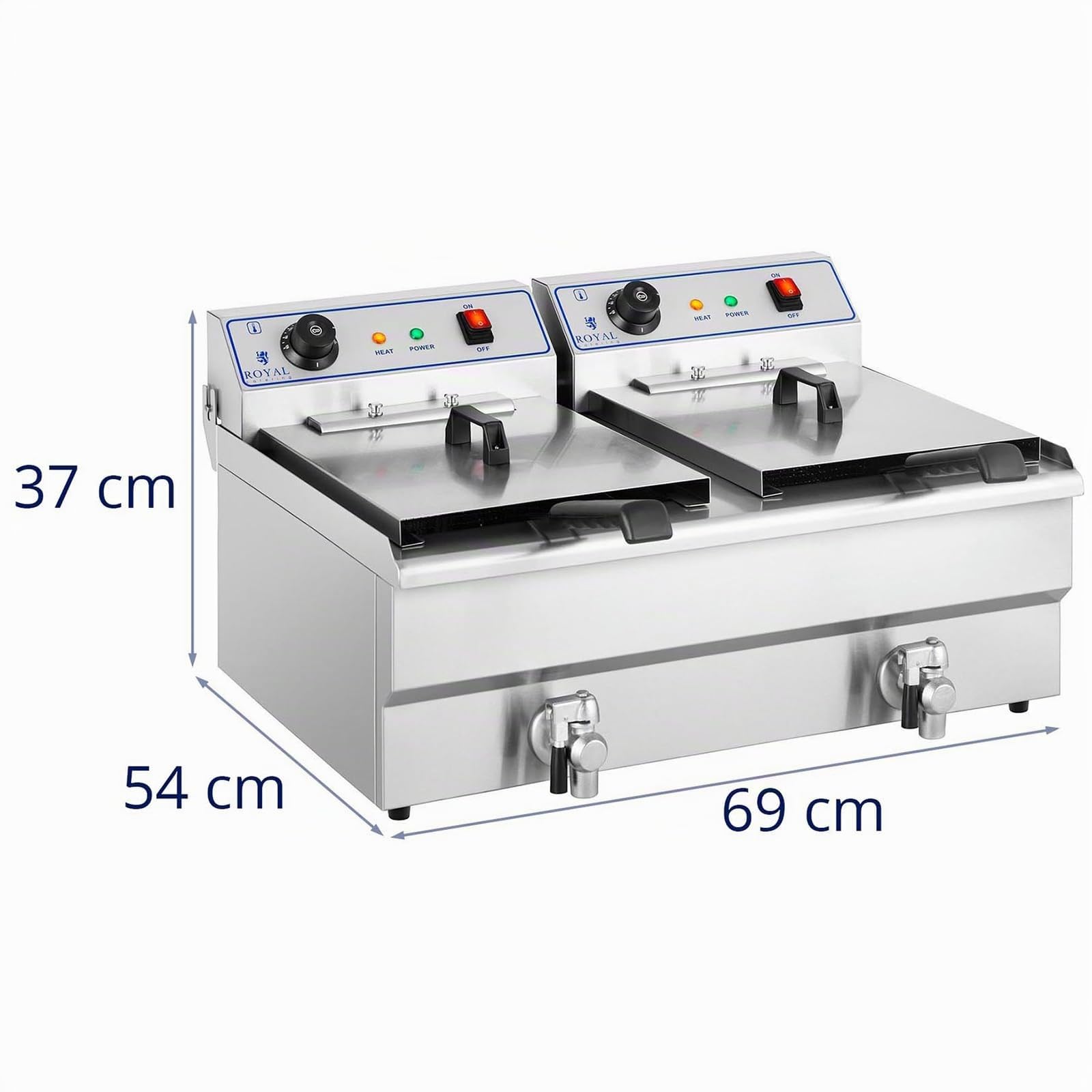 Royal Catering Friteuse Électrique Double Professionnelle 2 x 6 000 W, Volume Total 2 x 16 L, Huile 2 x 10 L, Courant Triphasé 400 V, Robinet de Vidange, 2 Branchements Électriques Commerciale