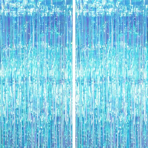 Image of Voircoloria 2 Pack Neon Iridescent Tinsel Foil Fringe Curtains, Iridescent Party Decorations, Metallic Tinsel Party Streamers Backdrop for Birthday Baby Shower Graduation Wedding Party Decorations