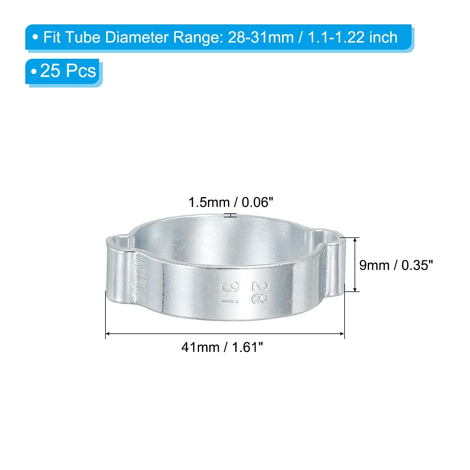 PATIKIL 25 Pack 28-31mm Double Ear Hose Clamp, Galvanized Steel O Clip Crimp Rings for Fuel Petrol Pipe Tube Fitting Connections, Silver Tone - Image 2