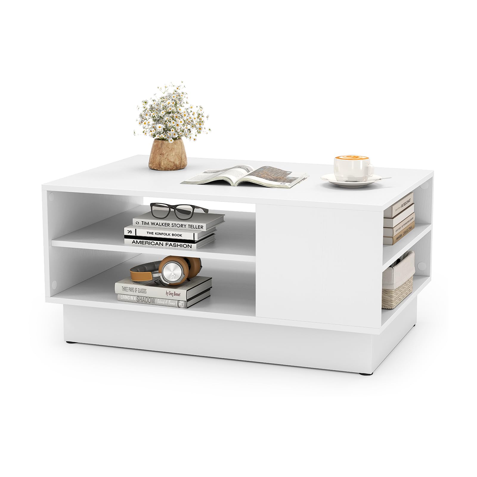 GOPLUS Mesa de Centro, Mesa de Café con Estantes Abiertos de Almacenaje, Base Recesada y Almohadillas Antideslizantes, Mesa Rectangular Moderna para Salón Oficina, Carga 60+20KG, 86x56x41cm (Blanco)