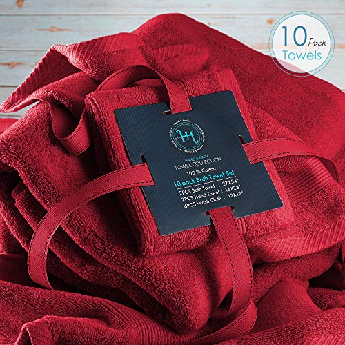 Image of Hearth & Harbor Bath Towels for Bathroom - 100% Ring Spun Cotton Luxury Bathroom Towels - Ultra Soft & Highly Absorbent, Bath Towels Set of 10 - Burgundy Red