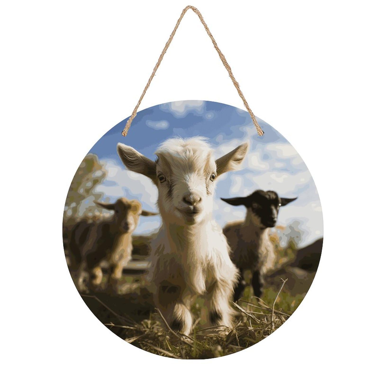 VstaDank Cute Goat Wooden Wall Art Decor Round Wood Plaque Wooden Door Hanger Sign with Hole And Hanger Rope Trend Wood Decorative Paintings for Home Outdoor Indoor 7.87 Inch