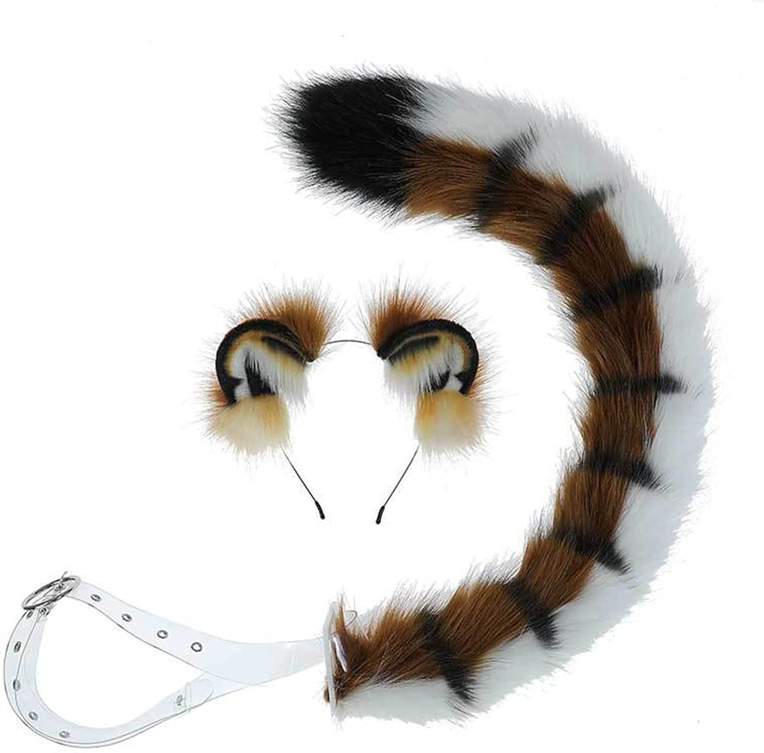 JUNBOON Handmade Faux Fur Tiger Ears Headband Long Tail Set for Halloween Cosplay Party Costume Accessories
