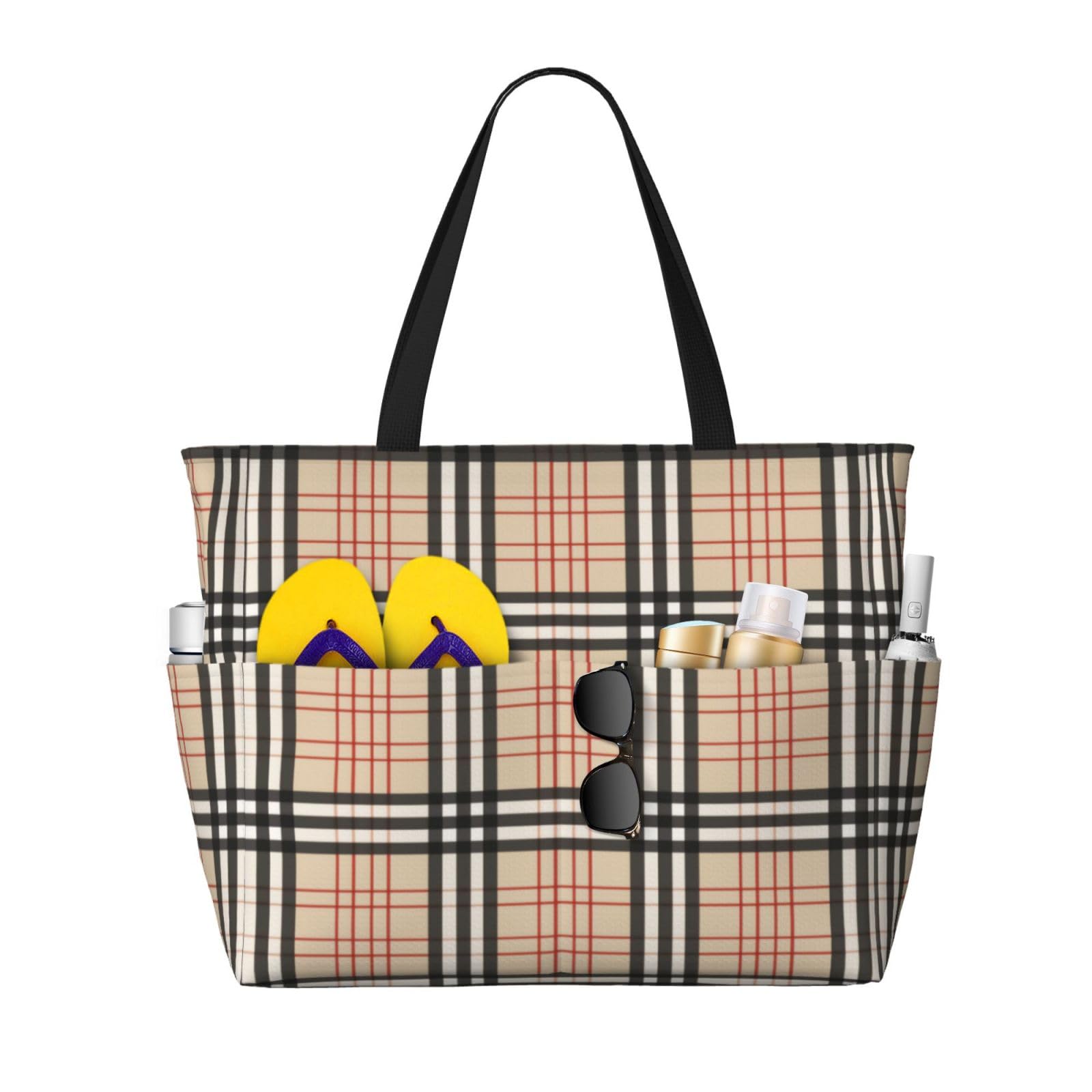 WFTTFOU Beige Plaid Tartan Checkered Beach Bag Women Tote Bag Pool Bag With Zipper For Gym Grocery Travel With Wet Pocket, Black