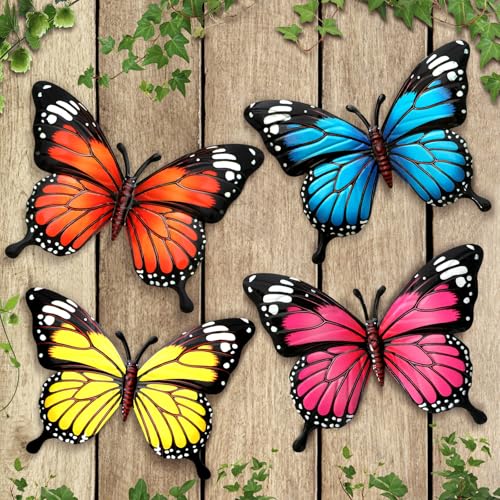 LSFFM 4 Pack Metal Butterfly Decorations, 6.7 in Butterfly Wall Art Sculpture Hanging Decor, Metal Butterflies Outdoor Decor for The Garden, Patio, Fence, Home, and Yard
