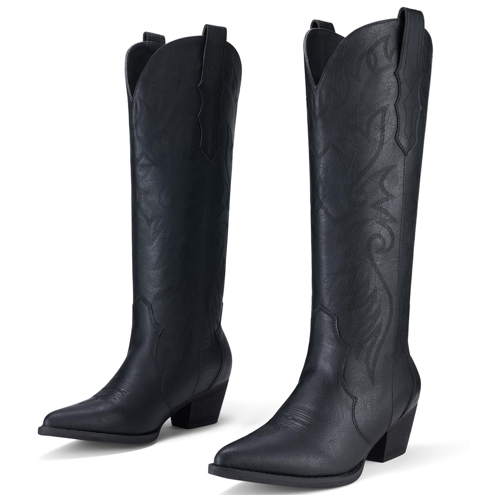 Photo 1 of Rollda Cowboy Boots for Women Cowgirl Boots Embroidered Knee-High Western Boots Pointy Toe with Chunky Heel Black Size 8.5