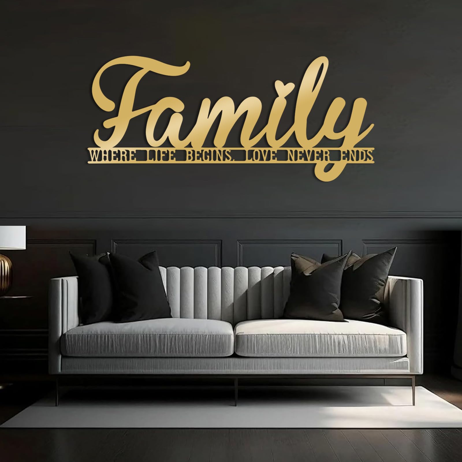 Großes Wandbild „Familie“ aus schwarzem Metall, hängender Metallbuchstabe im Landhausstil, Moderne Skulptur mit Familienmotiv für Wohnzimmer, Schlafzimmer, Flur und Treppenhaus (Weiß)