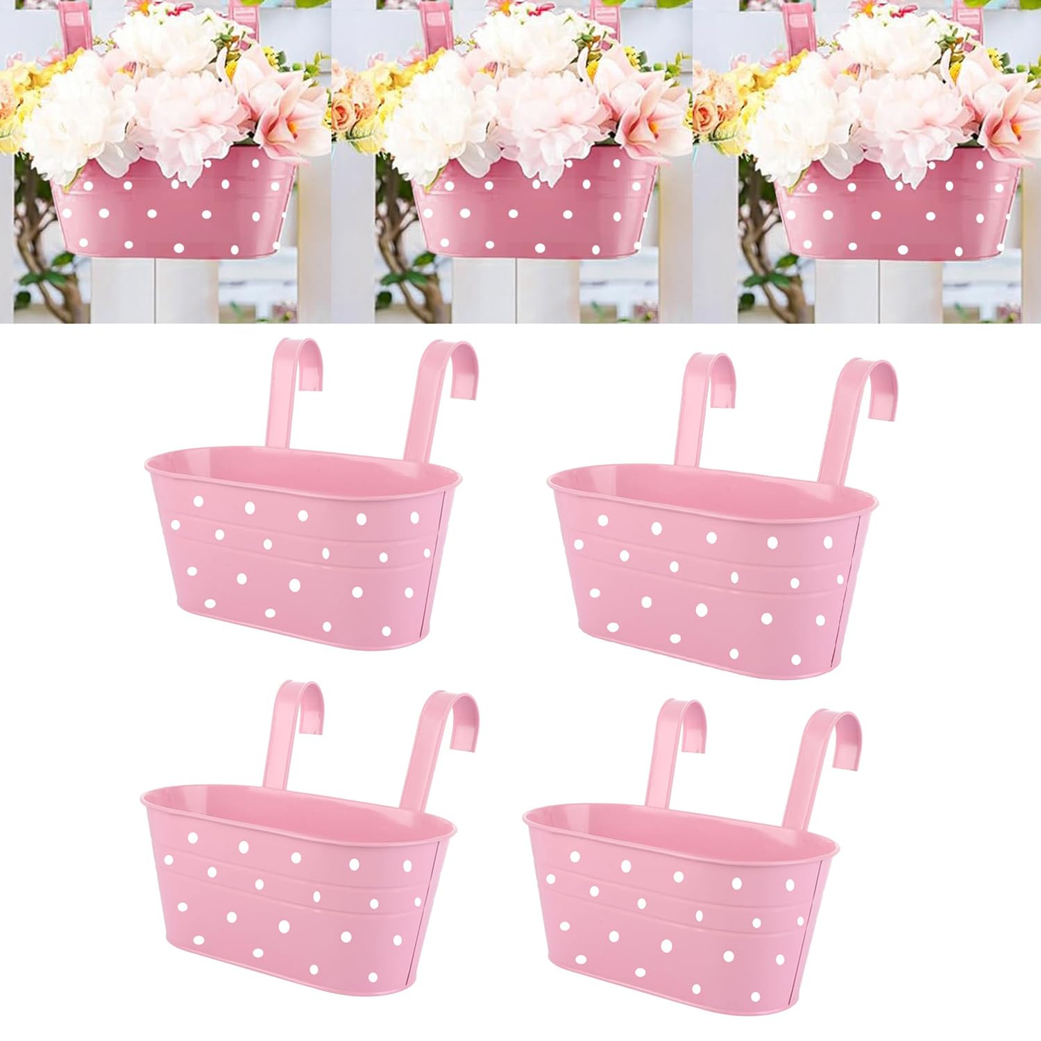 Lot de 4 pots de plantes en métal à suspendre avec trou de drainage, pot de plantes avec crochets doubles amovibles, pot ovale pour balcon de jardin, décoration (Rose)